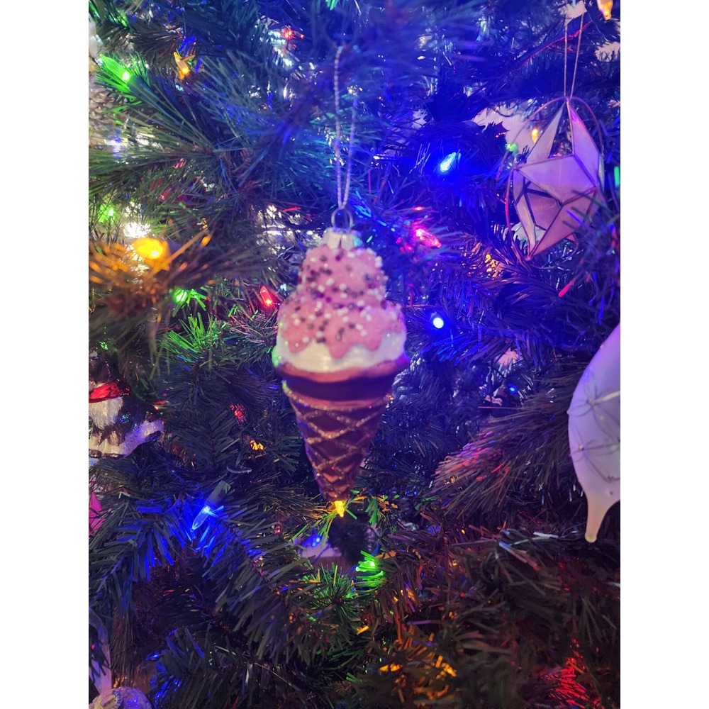 Blown Glass Ice Cream Cone‎ Christmas Hanging Ornament Pastel Candy Topping